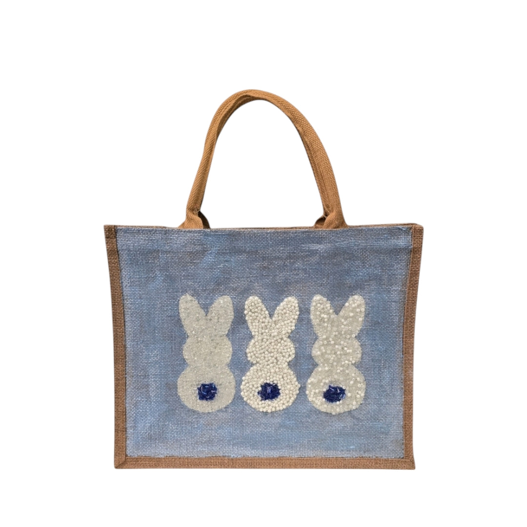 blue bunny easter tote bag, hand painted easter tote, beaded blue bunny bag, bunny market bag