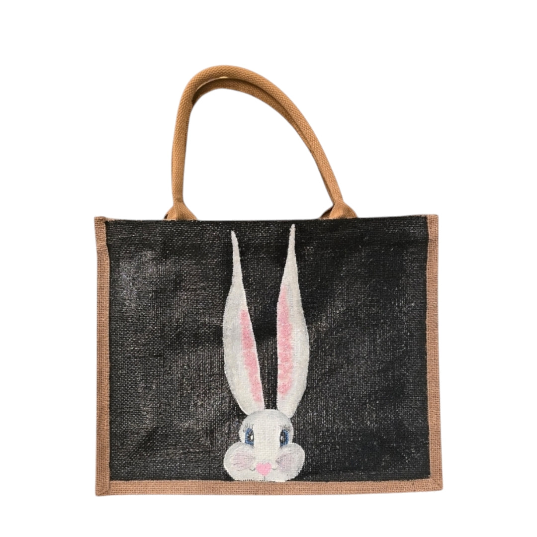 peeking bunny tote bag, hand painted easter tote, beaded black tote bag, bunny gift bag