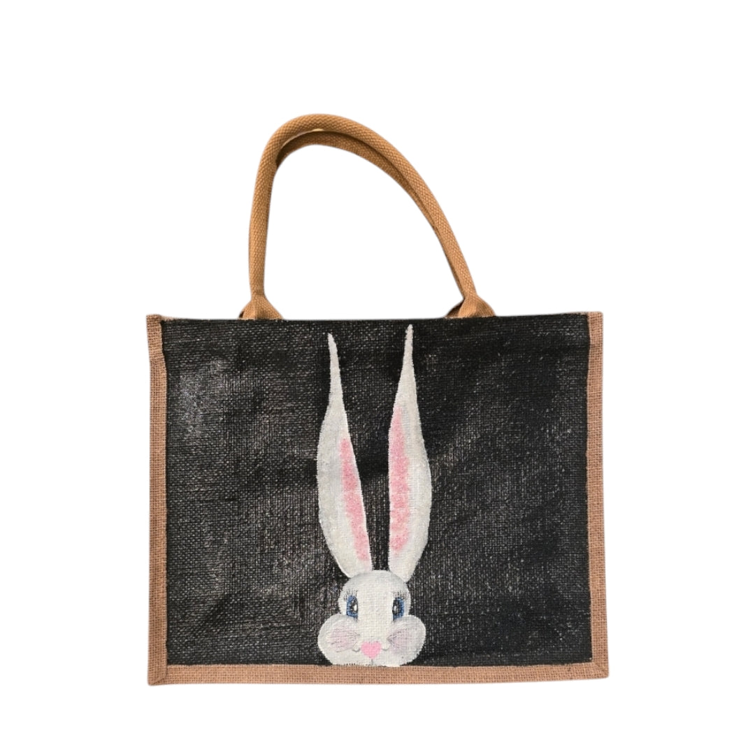 peeking bunny tote bag, hand painted easter tote, beaded black tote bag, bunny gift bag