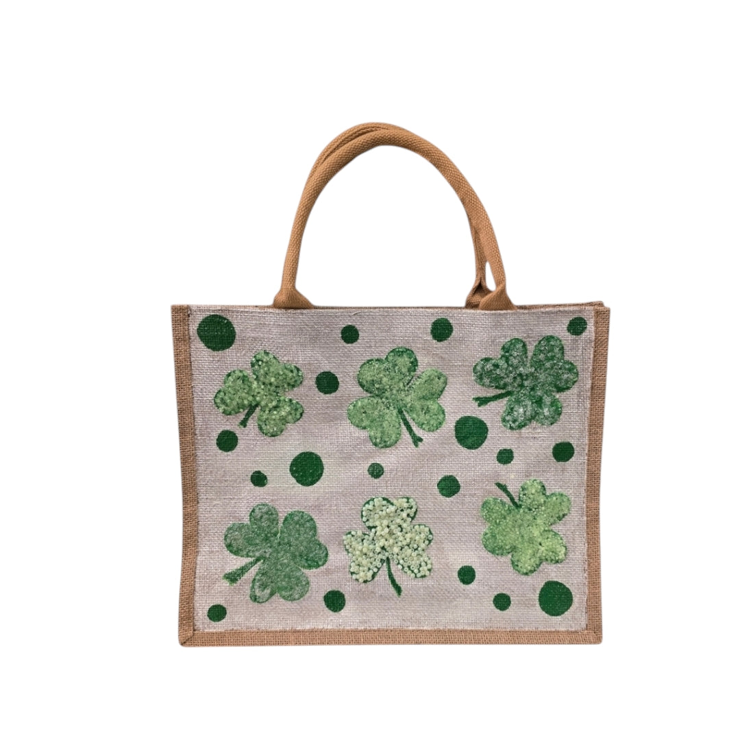 shamrock st patricks tote bag, hand painted st patricks tote, beaded off white tote, st patricks gift bag
