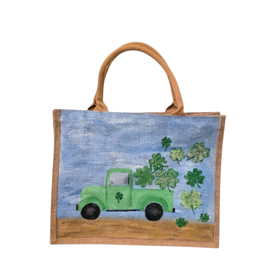 truckload of shamrocks tote, hand painted st patricks tote, beaded blue tote bag, shamrock gift bag