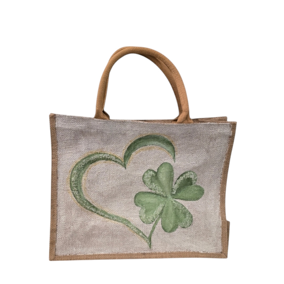 heart and shamrock tote bag, hand painted st patricks tote, beaded off white tote, st patricks gift bag