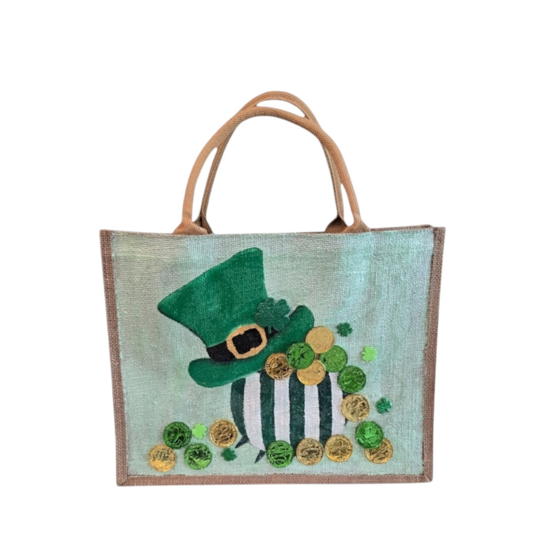 Spring-Holiday-Tote, Leprechaun-Hat-&-Coins-Hand-Painted-Bag, Unique-Artistic-Design