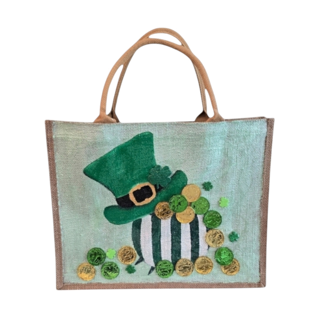 Spring-Holiday-Tote, Leprechaun-Hat-&-Coins-Hand-Painted-Bag, Unique-Artistic-Design