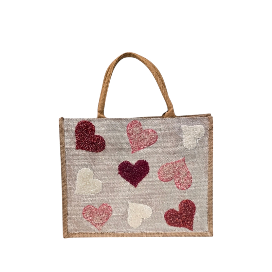 red pink white hearts tote bag, metallic off-white tote bag, beaded hearts jute bag, eco-friendly heart tote, valentines day tote
