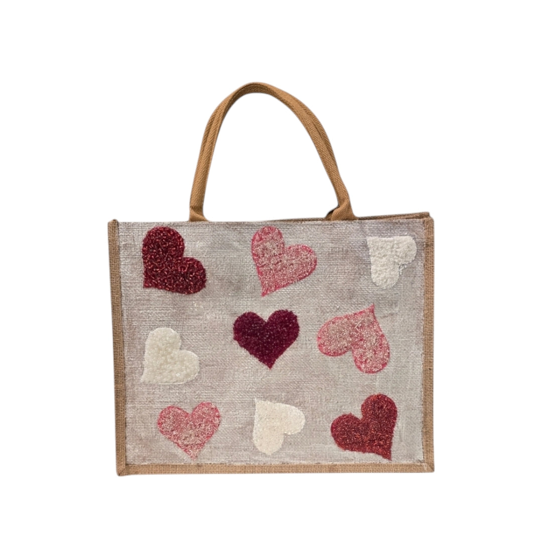 red pink white hearts tote bag, metallic off-white tote bag, beaded hearts jute bag, eco-friendly heart tote, valentines day tote
