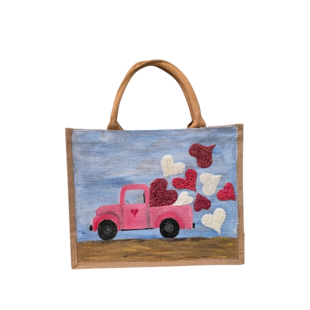 truckload of hearts valentine tote, hand painted valentine tote bag, beaded blue tote, valentine gift bag