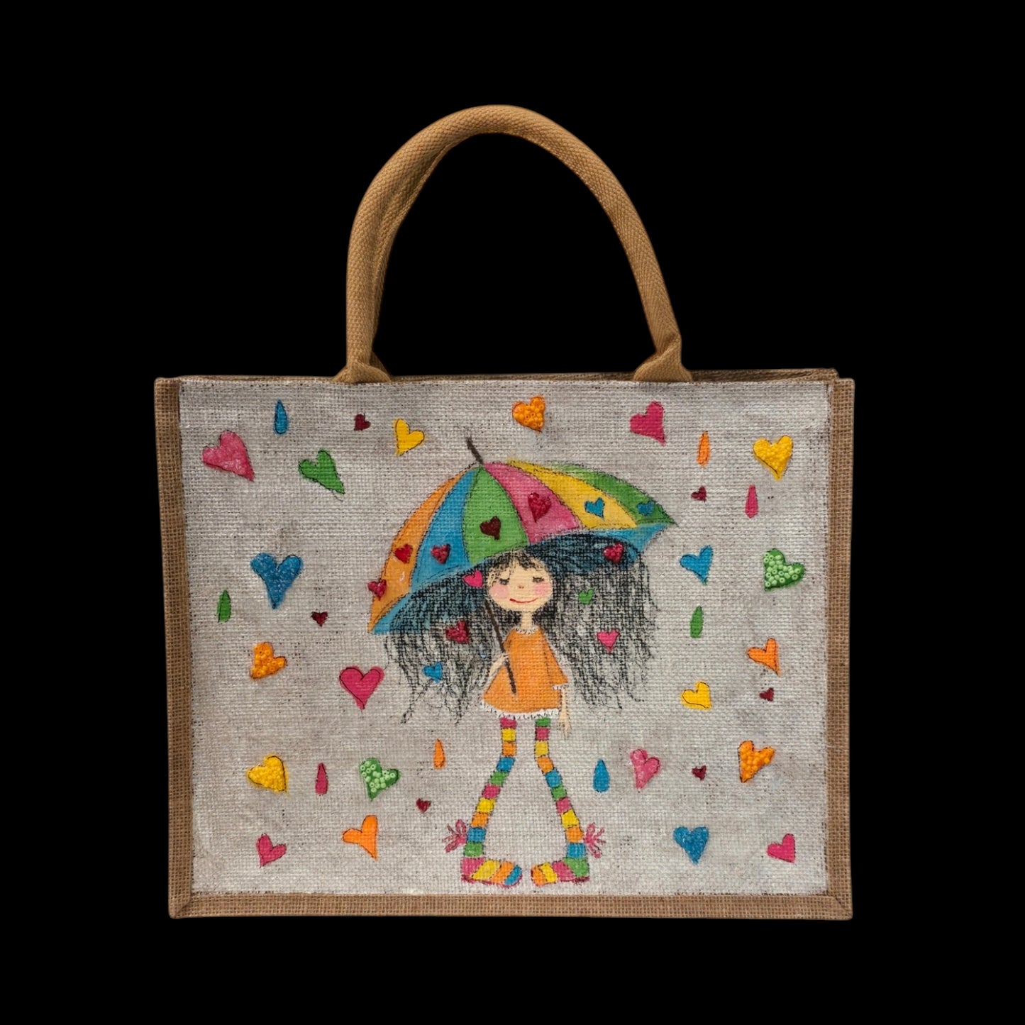 raining hearts tote bag, hearts tote bag, beaded hearts jute bag, eco-friendly heart tote, off white tote bag