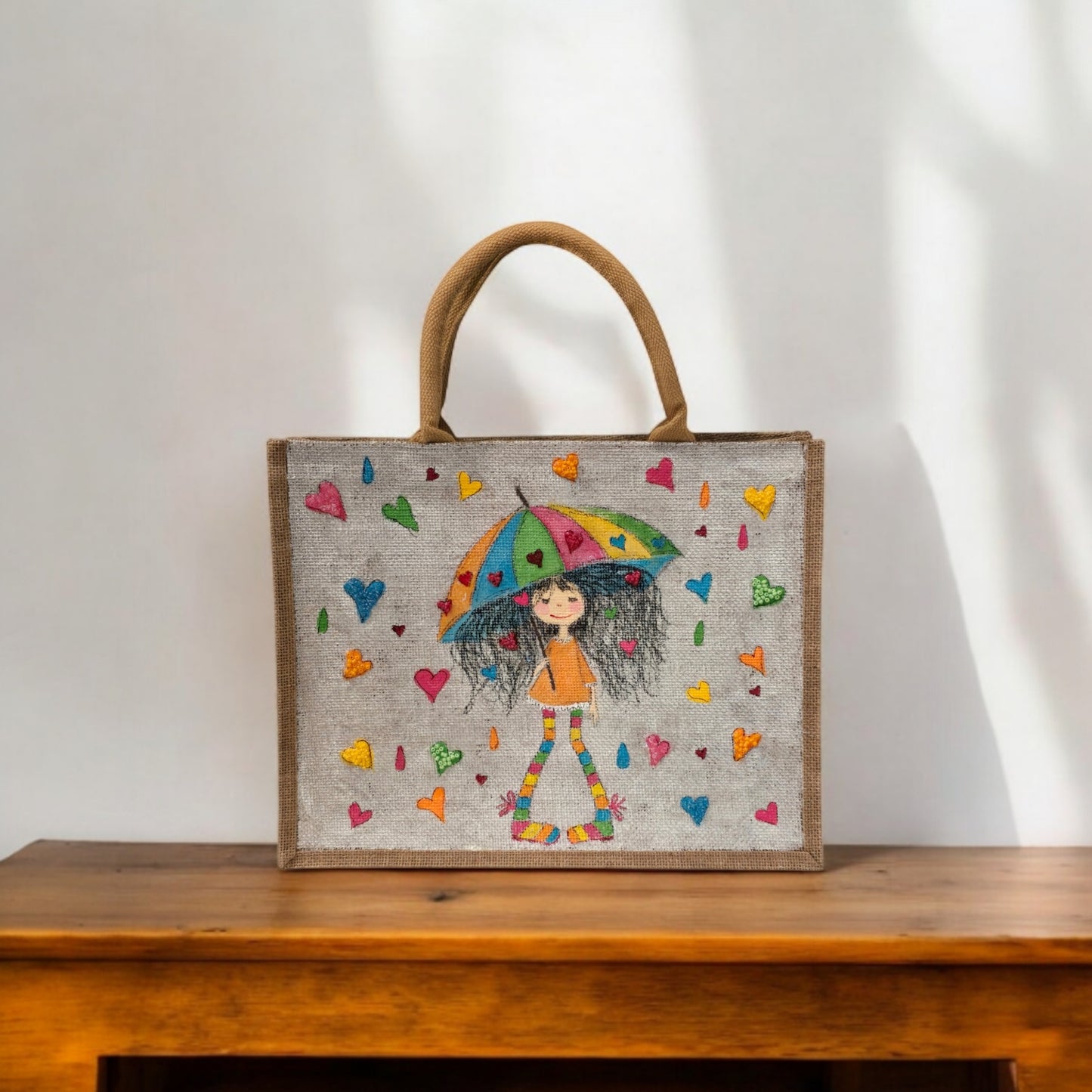 raining hearts tote bag, hearts tote bag, beaded hearts jute bag, eco-friendly heart tote, off white tote bag