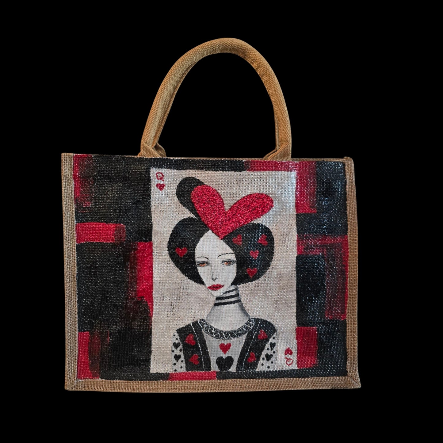 Black jute tote bag with hand-painted Queen of Hearts playing card design and decorative beading.