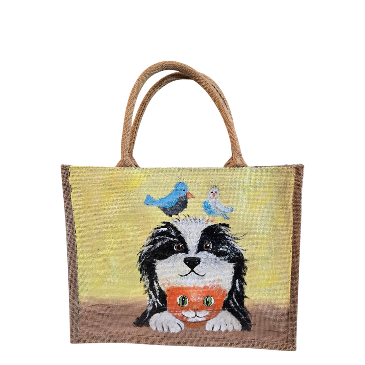 Best-Buds-Tote-Bag, Hand-Painted-Dog-Cat-and-Bird-with-Beads, Artistic-Design