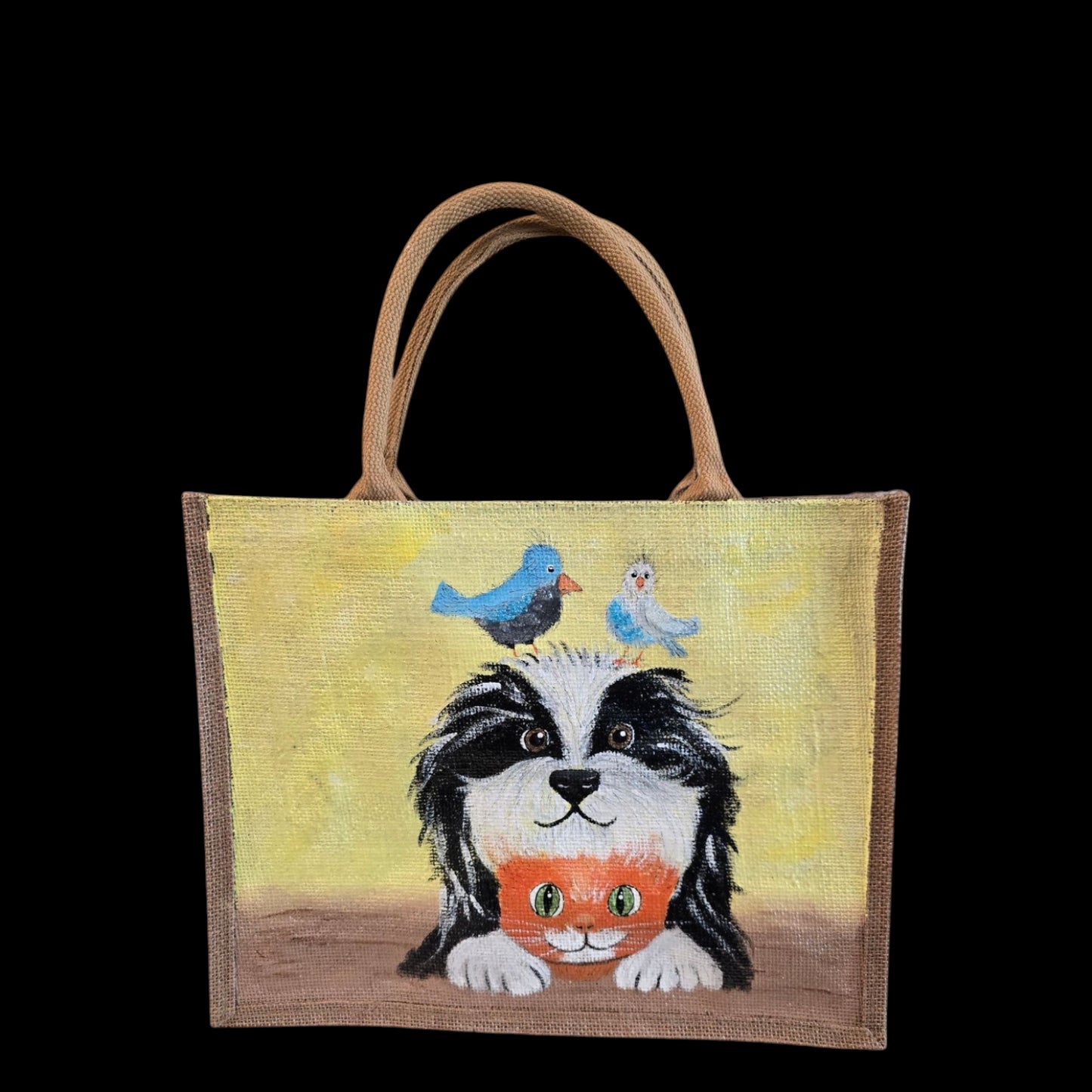 best buds tote bag, yellow tote bag, hand painted beaded animal jute bag, eco-friendly animal tote, friends animal tote