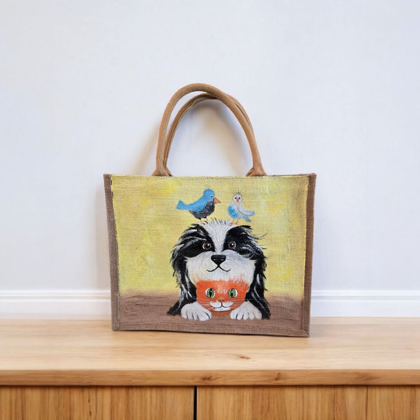 best buds tote bag, yellow tote bag, hand painted beaded animal jute bag, eco-friendly animal tote, friends animal tote