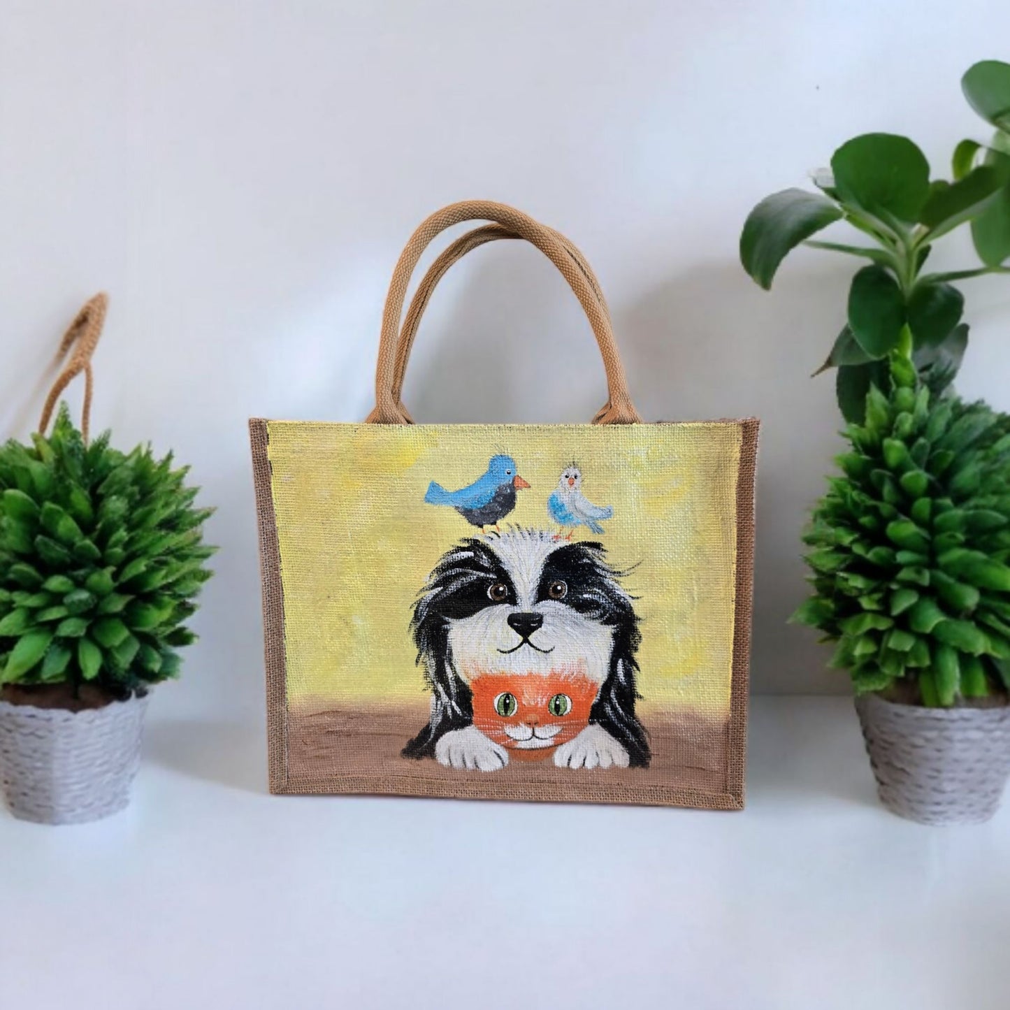 best buds tote bag, yellow tote bag, hand painted beaded animal jute bag, eco-friendly animal tote, friends animal tote