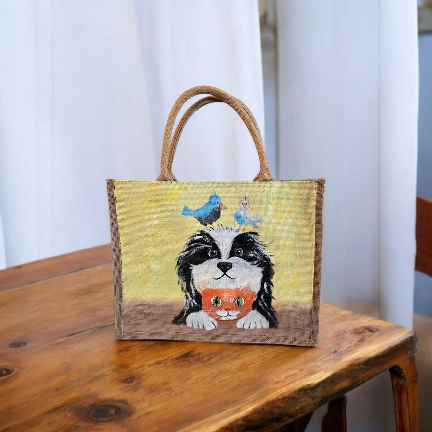 best buds tote bag, yellow tote bag, hand painted beaded animal jute bag, eco-friendly animal tote, friends animal tote
