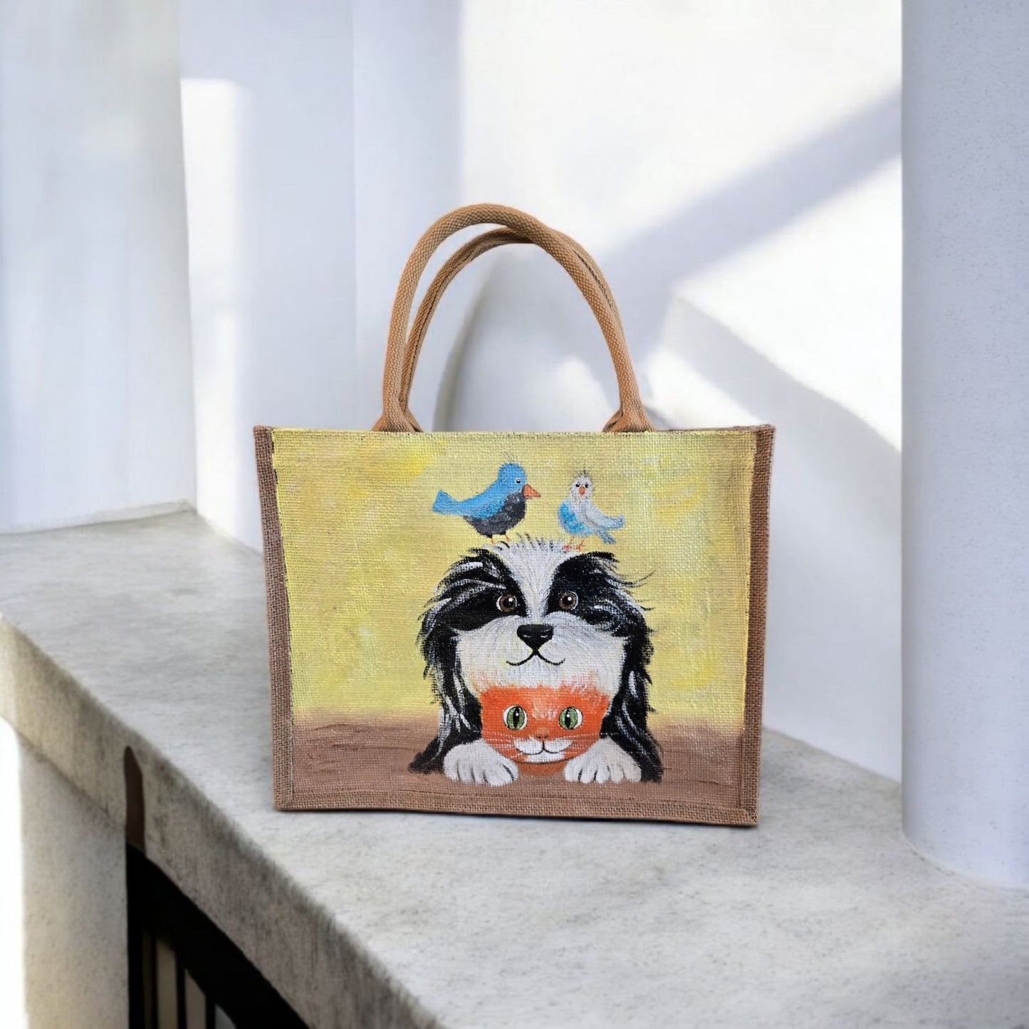best buds tote bag, yellow tote bag, hand painted beaded animal jute bag, eco-friendly animal tote, friends animal tote