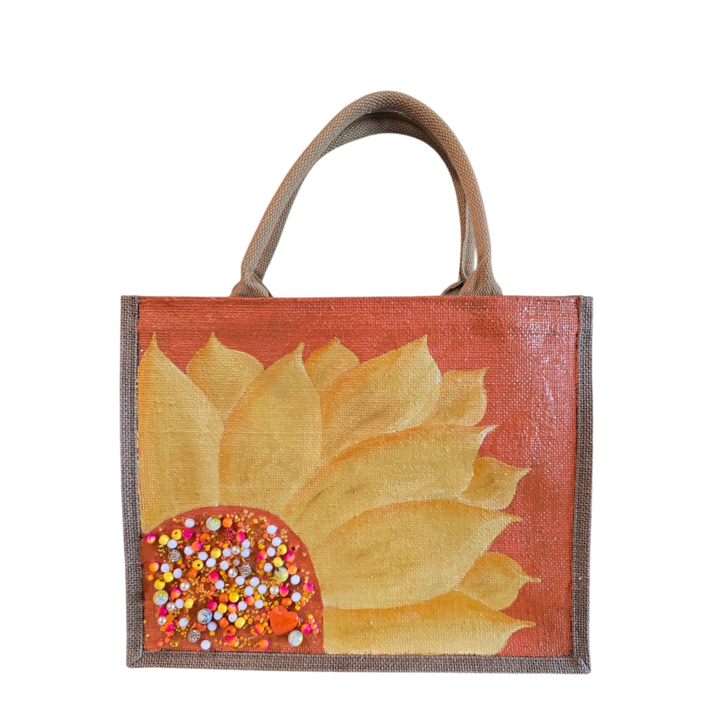 orange sunflower tote bag, floral jute tote, eco-friendly sunflower market bag, hand painted tote bag