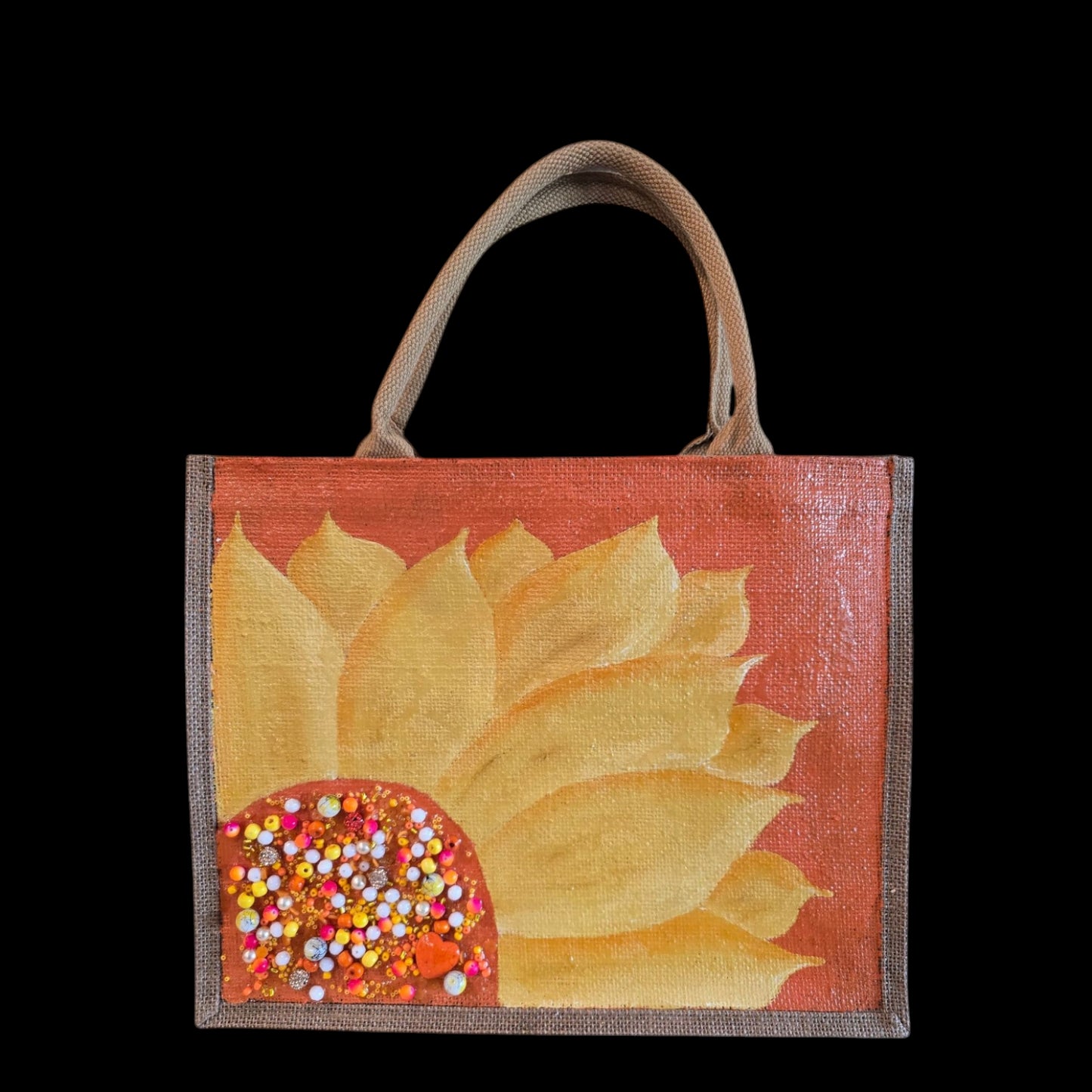 orange sunflower tote bag, floral jute tote, eco-friendly sunflower market bag, hand painted tote bag