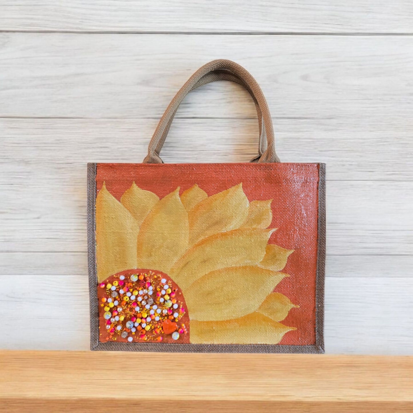orange sunflower tote bag, floral jute tote, eco-friendly sunflower market bag, hand painted tote bag