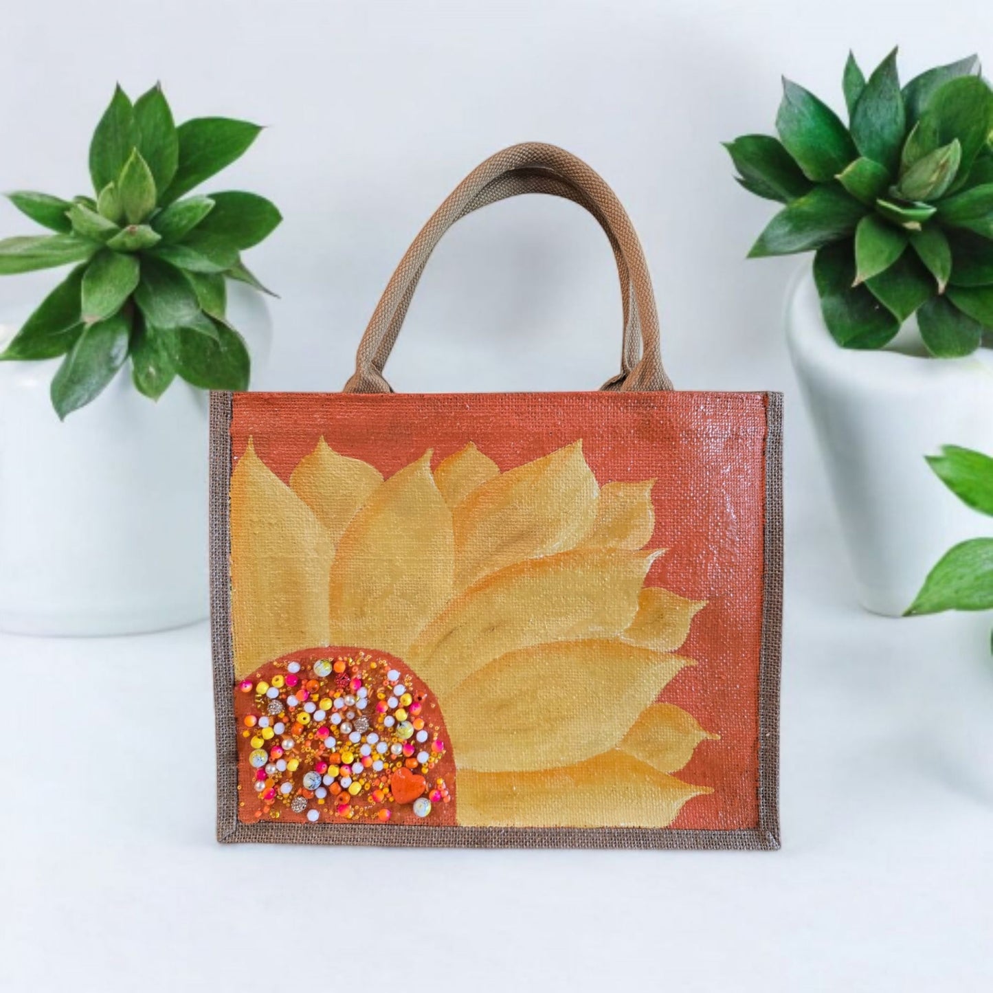 orange sunflower tote bag, floral jute tote, eco-friendly sunflower market bag, hand painted tote bag