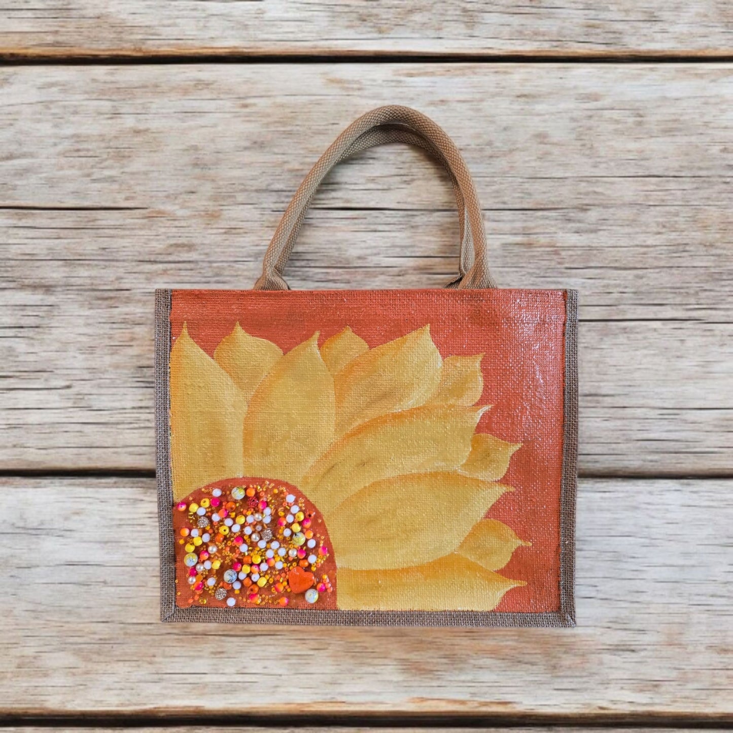orange sunflower tote bag, floral jute tote, eco-friendly sunflower market bag, hand painted tote bag