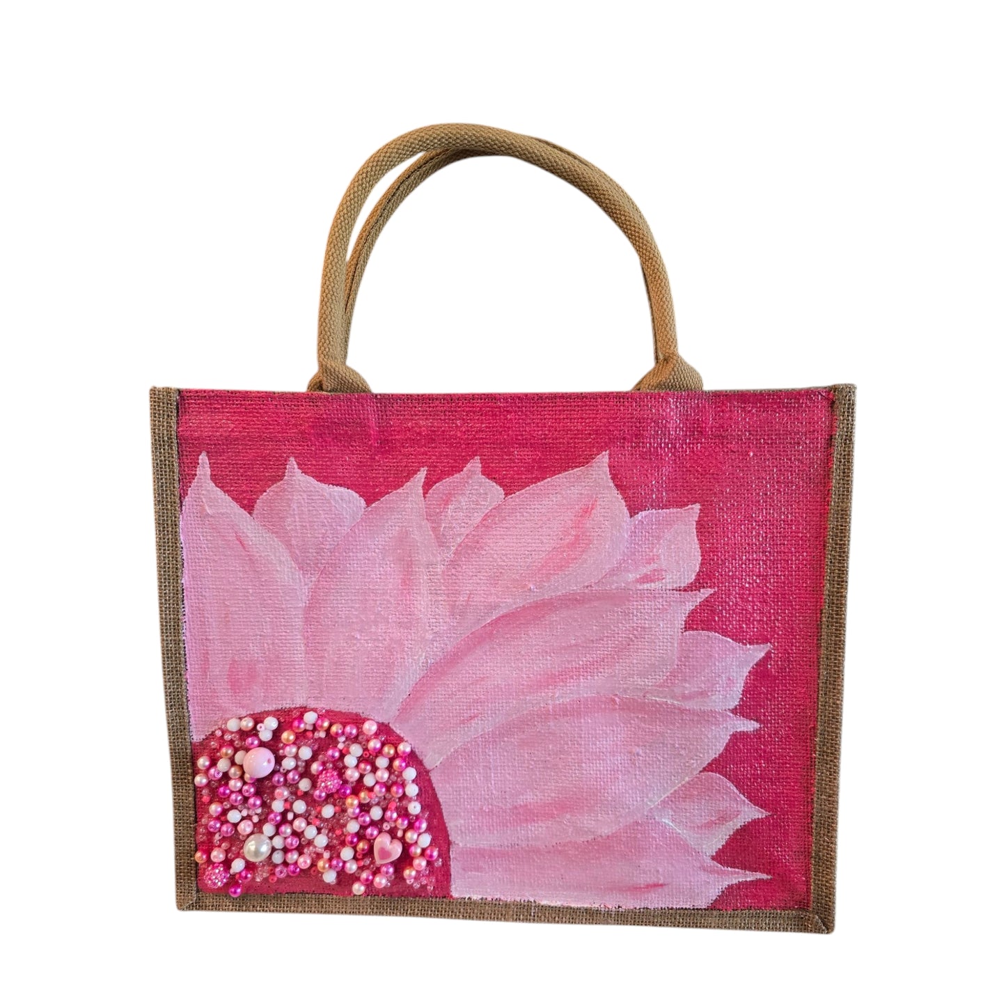 pink sunflower tote bag, floral pink tote, eco-friendly sunflower market bag, hand painted jute tote