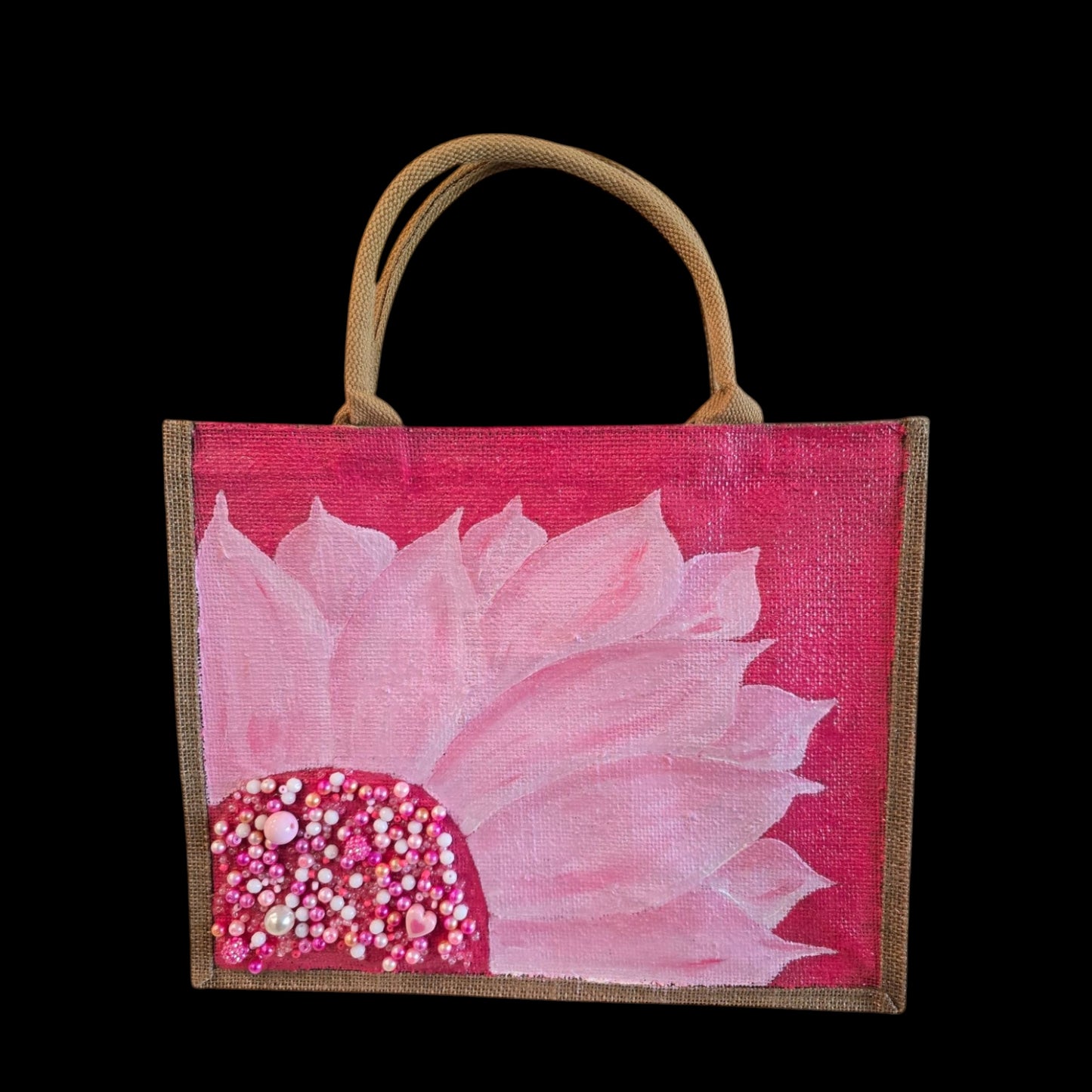 pink sunflower tote bag, floral pink tote, eco-friendly sunflower market bag, hand painted jute tote