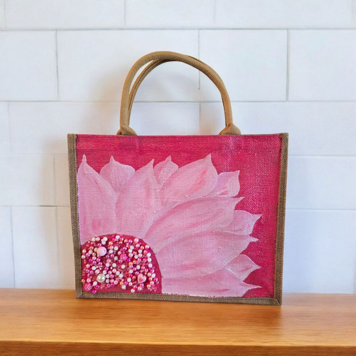 pink sunflower tote bag, floral pink tote, eco-friendly sunflower market bag, hand painted jute tote