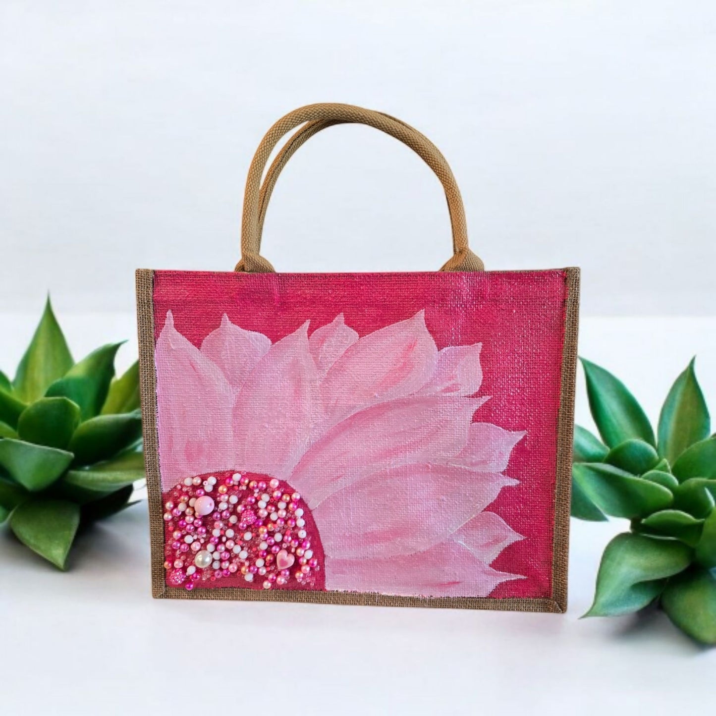 pink sunflower tote bag, floral pink tote, eco-friendly sunflower market bag, hand painted jute tote