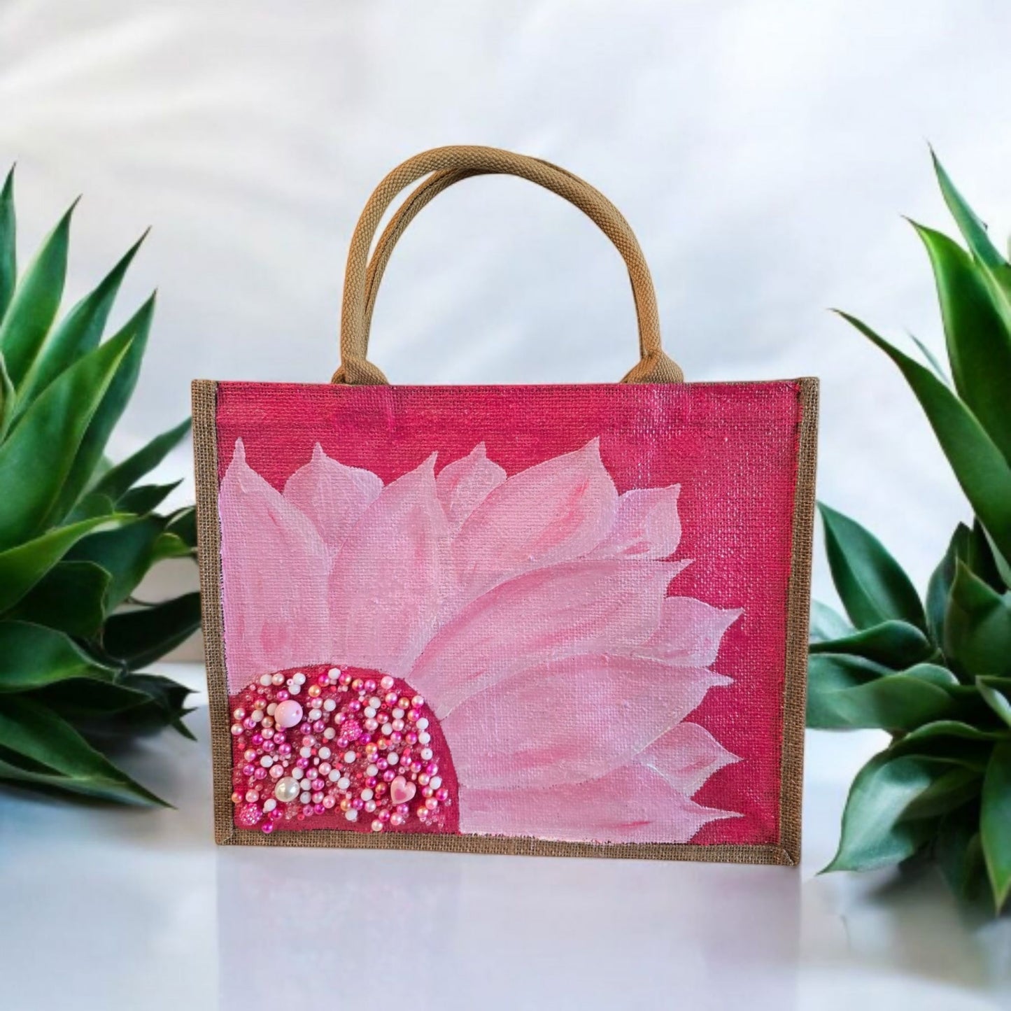 pink sunflower tote bag, floral pink tote, eco-friendly sunflower market bag, hand painted jute tote