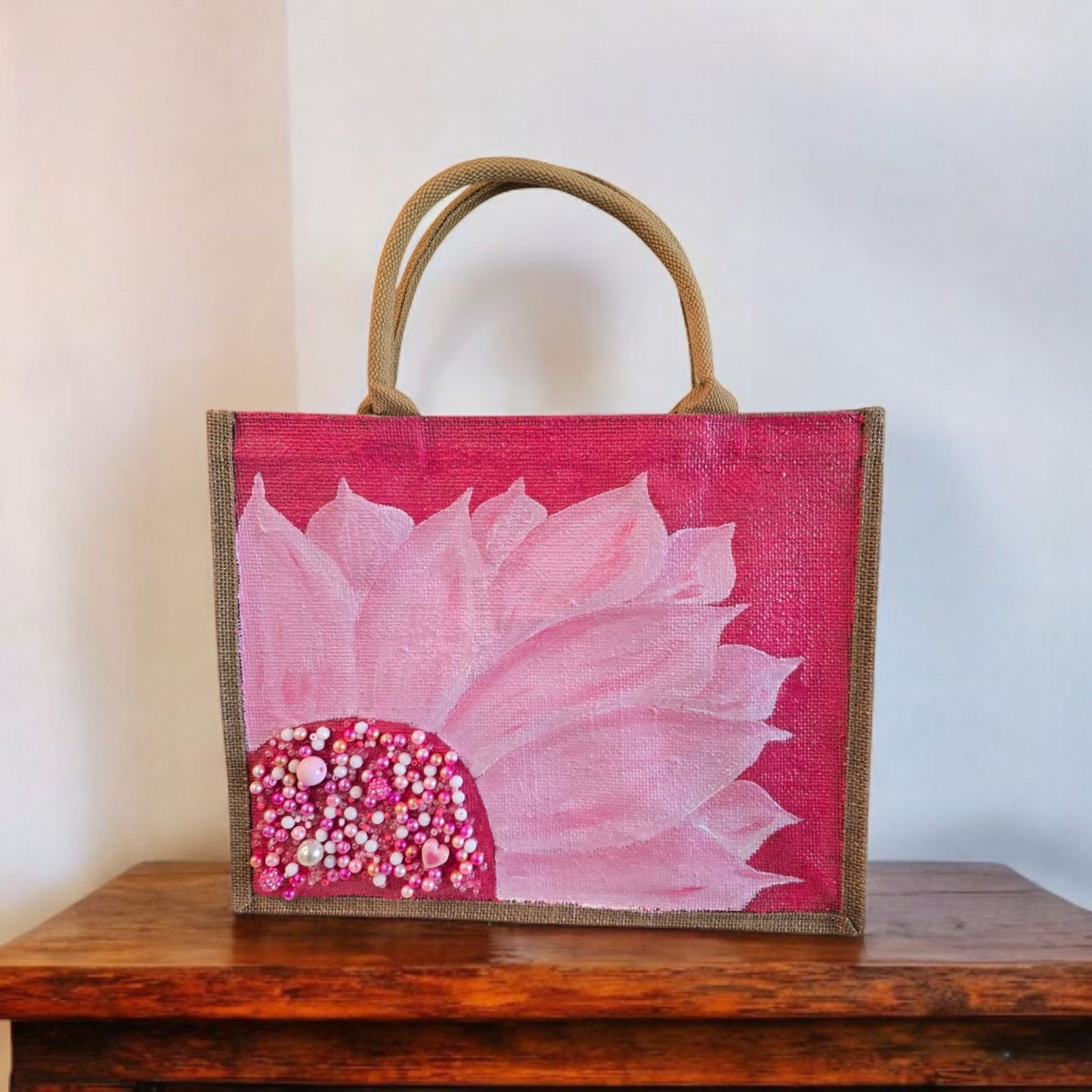 pink sunflower tote bag, floral pink tote, eco-friendly sunflower market bag, hand painted jute tote