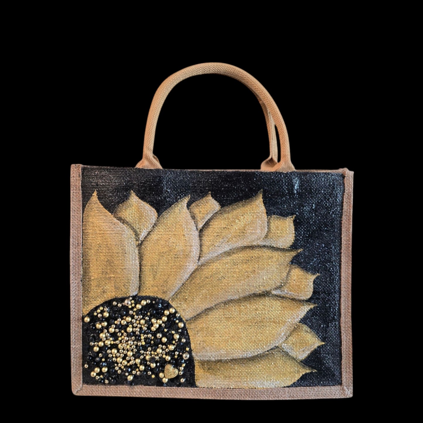 Black jute tote bag with hand-painted gold sunflower and beaded details, designed for bold, cheerful style