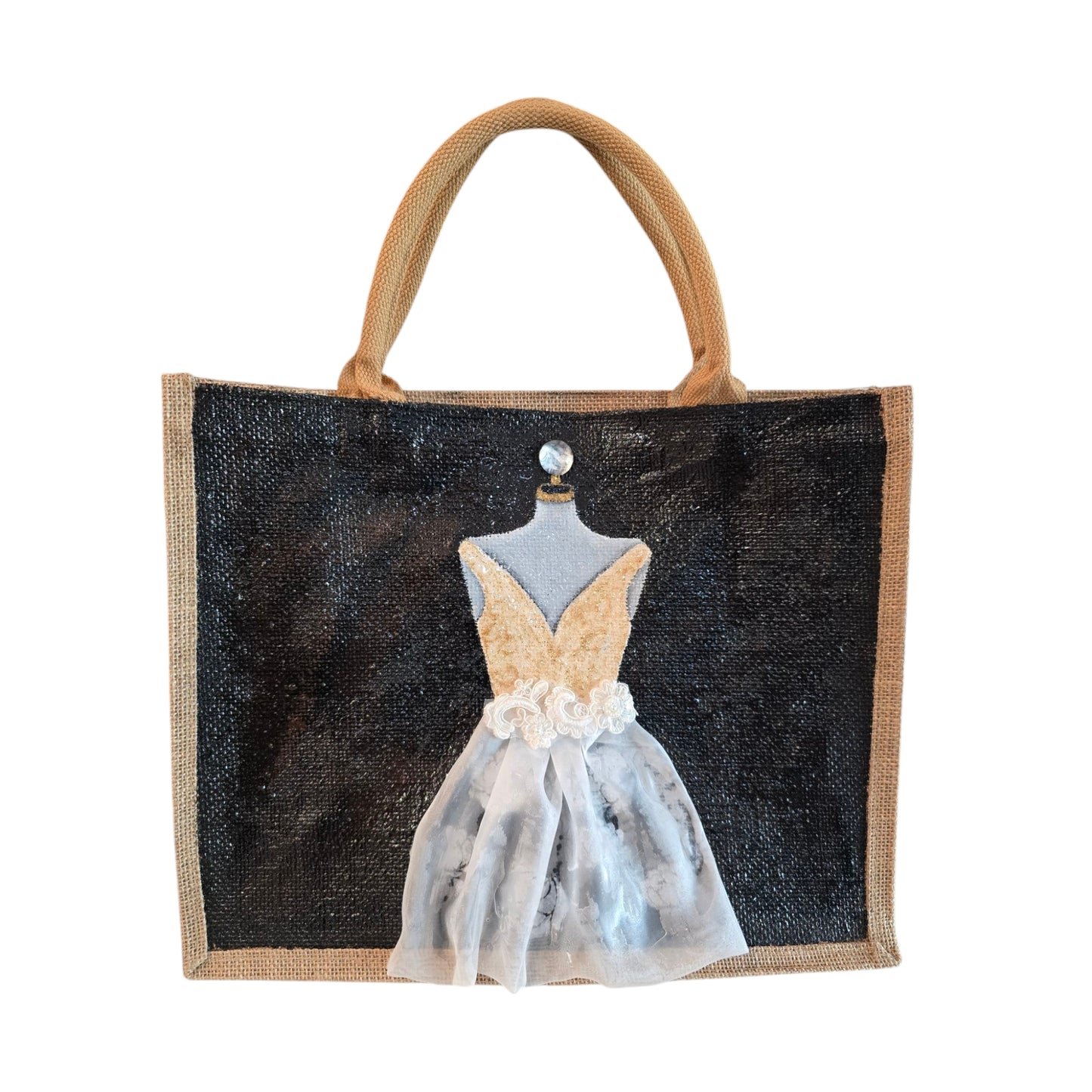Black jute tote bag with hand-painted white wedding dress design and beaded embellishments.
