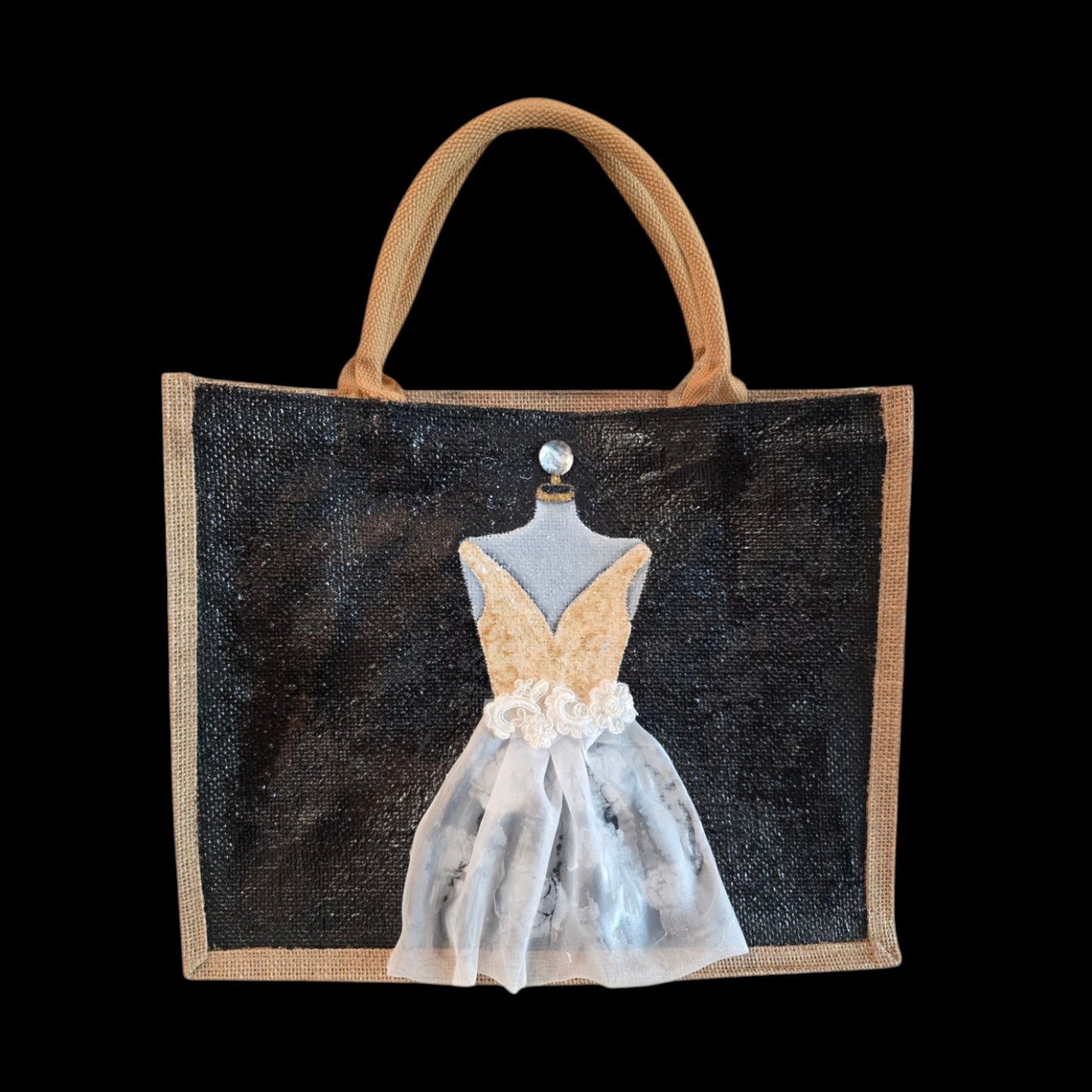 Black jute tote bag with hand-painted white wedding dress design and beaded embellishments.