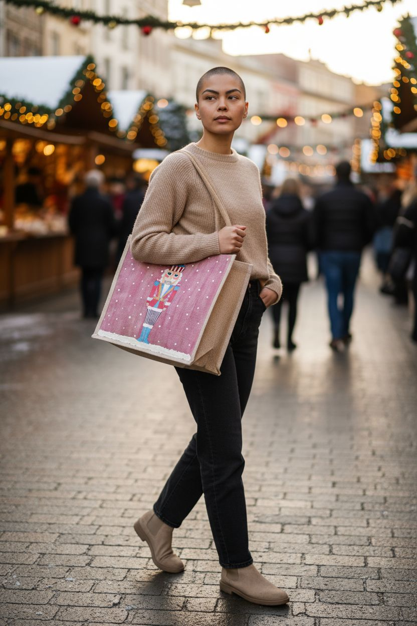 Hand-painted pink Nutcracker on a snowy background, on a jute tote bag.
