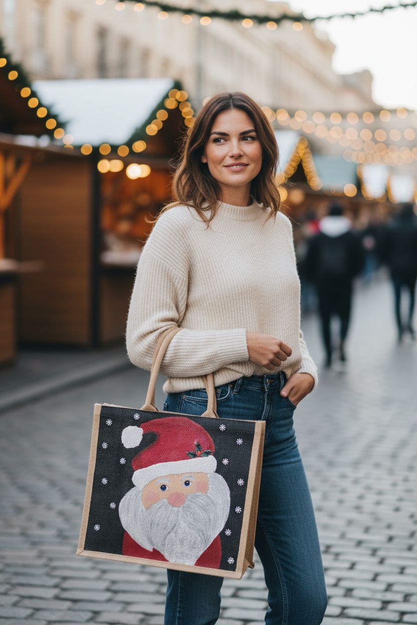 Hand-painted classic Santa portrait on black snowy background, Jolly Santa face tote with holly detail and textured beard, Artisan Santa holiday tote, lined jute with long handles