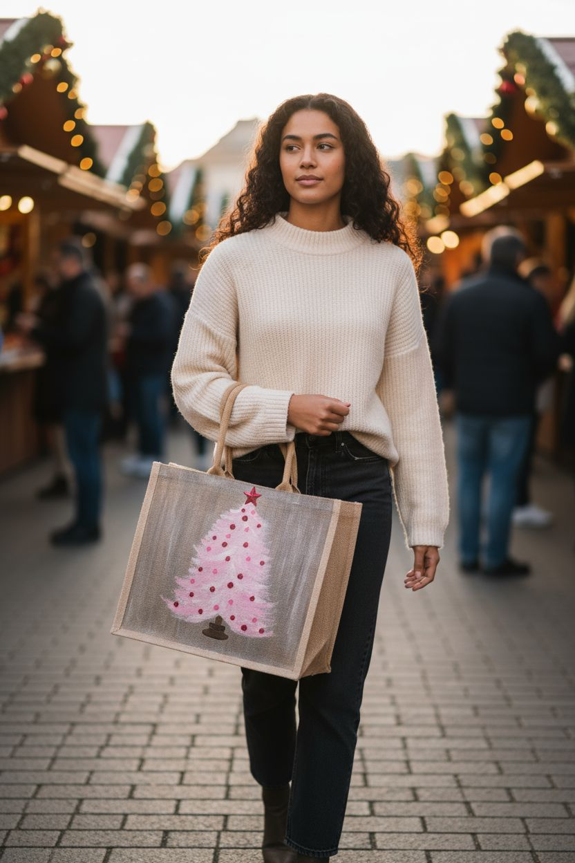 Hand-painted pink Christmas tree with red ornaments on gray, Blush holiday tree tote with star topper on jute bag,
Modern pink Christmas tote, lined jute with long handles