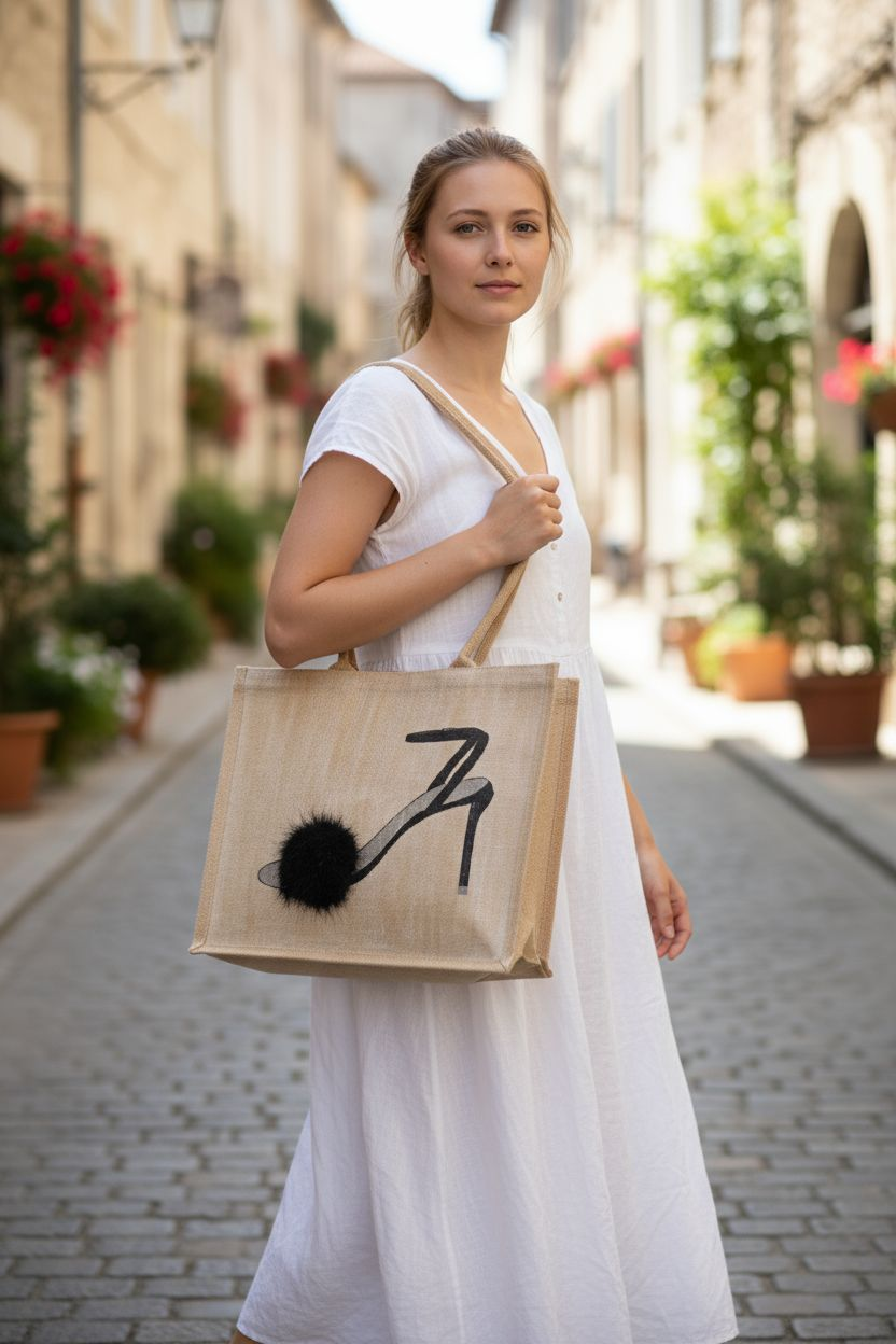 Women iin white dress holding Black Pom Stiletto on Jute Tote Bag