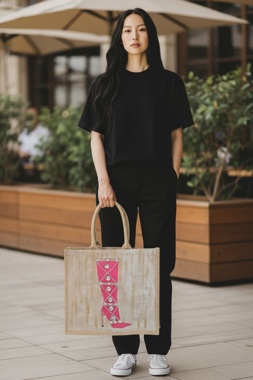 woman holding jute tote bag in an outdoor setting tote is Hand-painted pink rhinestone boot tote bag on natural jute background