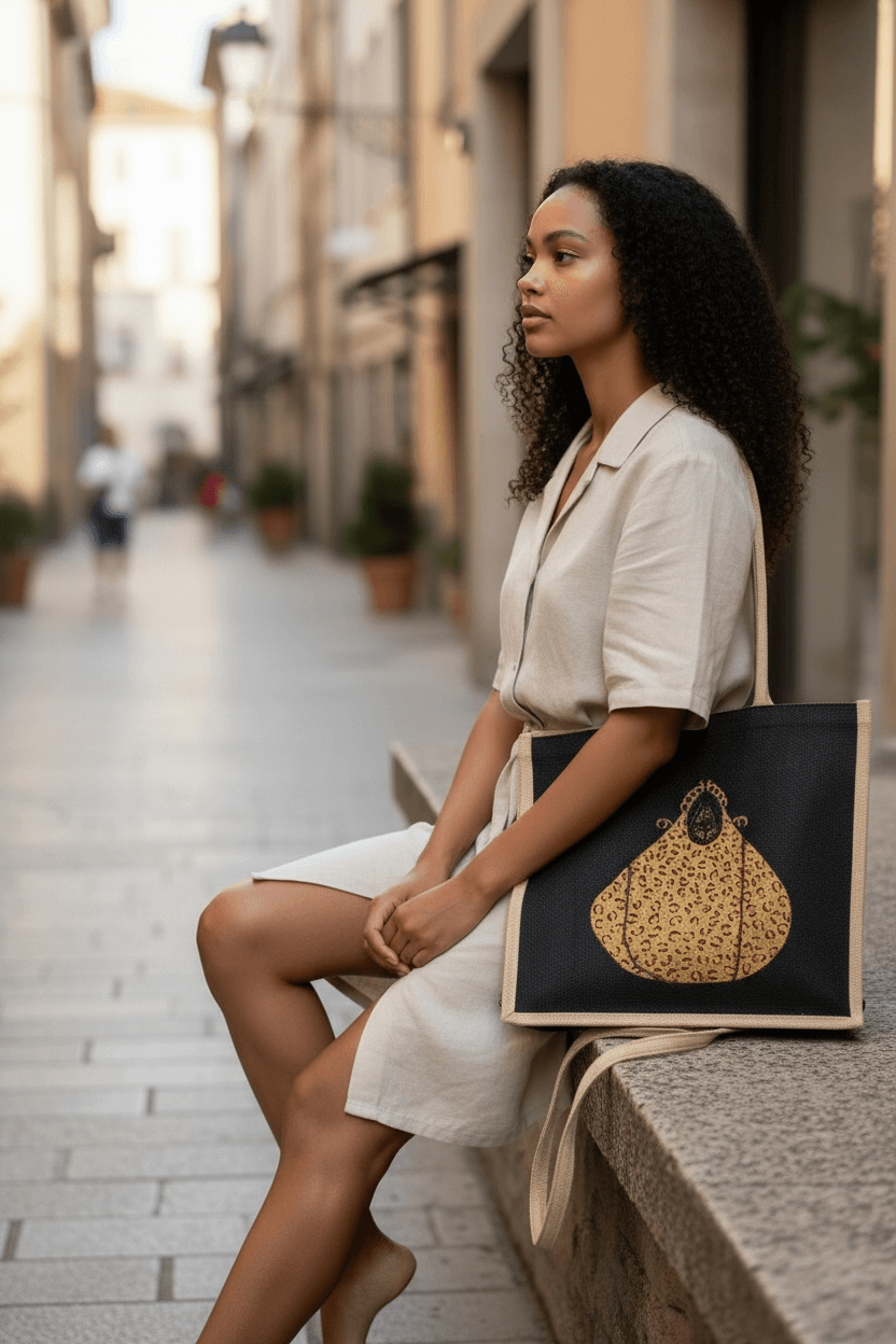Hand-painted black jute purse tote with gold leopard design and chain handles