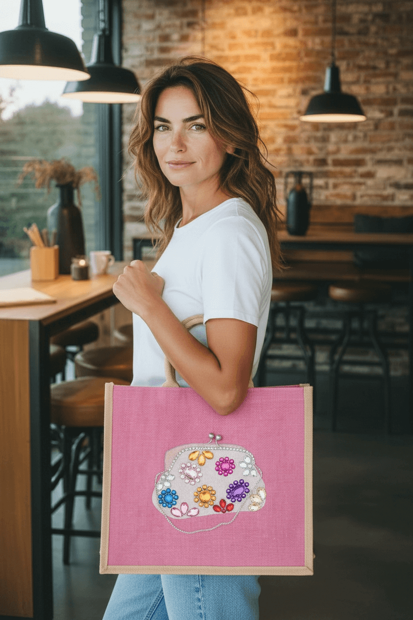 woman holding Hand-painted pink jute purse tote featuring jeweled floral embellishments and a structured silhouette