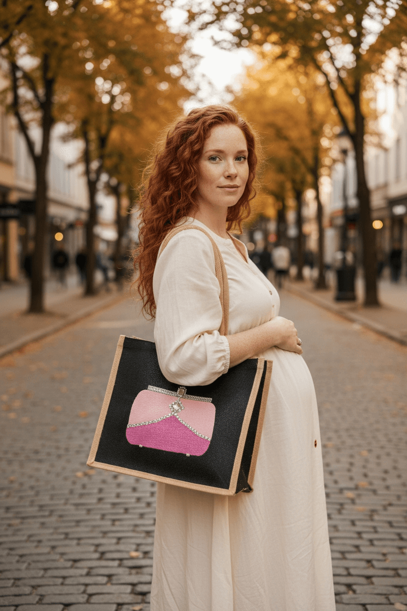 woman holding Pink jeweled purse design hand-painted on black jute tote bag