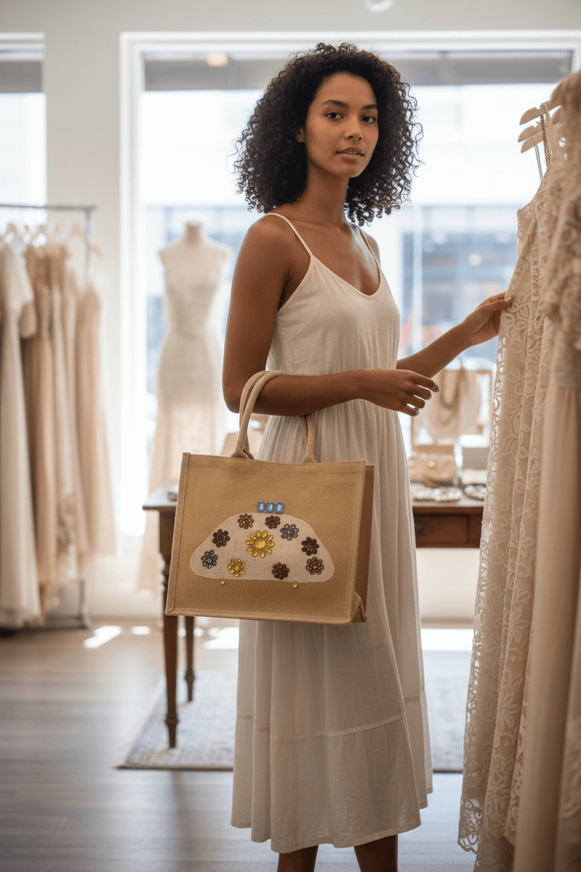 Woman holding a beige tote bag with floral designs in a clothing store.