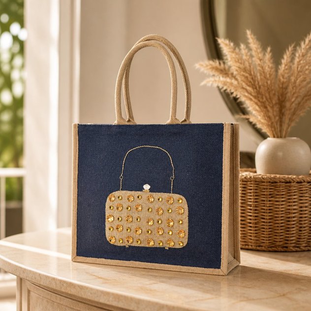 Hand-painted navy blue jute tote bag featuring an embellished vintage-style clutch purse design with sparkling gold jewel accents and dimensional details. Elegant fashion-inspired statement tote with natural jute trim, double handles, and magnetic snap closure. Perfect for dressy occasions, boutique fashion lovers, and unique handmade gift giving.