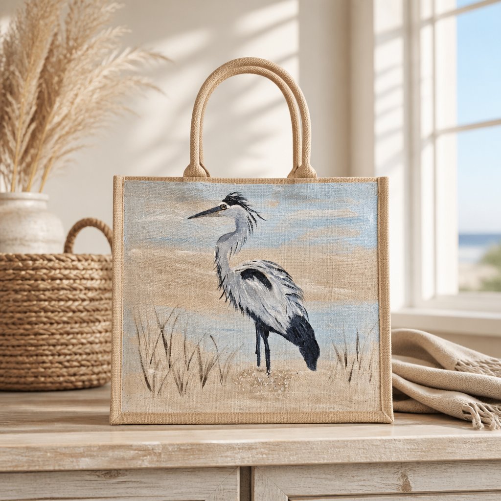 Hand-painted coastal heron tote bag on natural jute canvas featuring a graceful gray and white heron standing in marsh grass against a soft blue and sandy background.