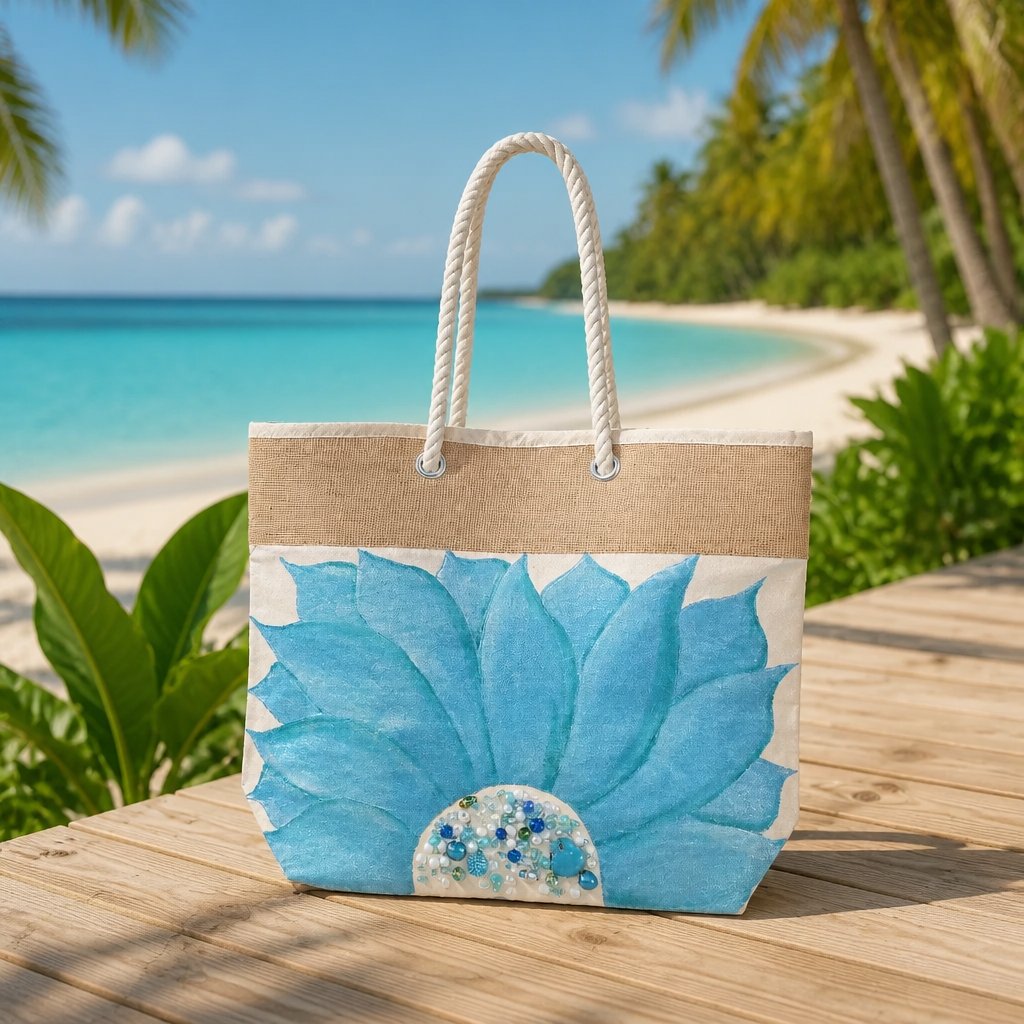 Hand-Painted Turquoise Sunflower Rope Handle Tote Bag