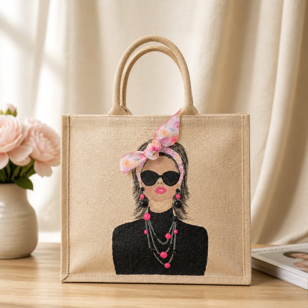 Hand-painted jute tote bag featuring a chic woman wearing oversized black sunglasses, layered pink and black jewelry, and a pink floral headscarf bow against a natural canvas background.