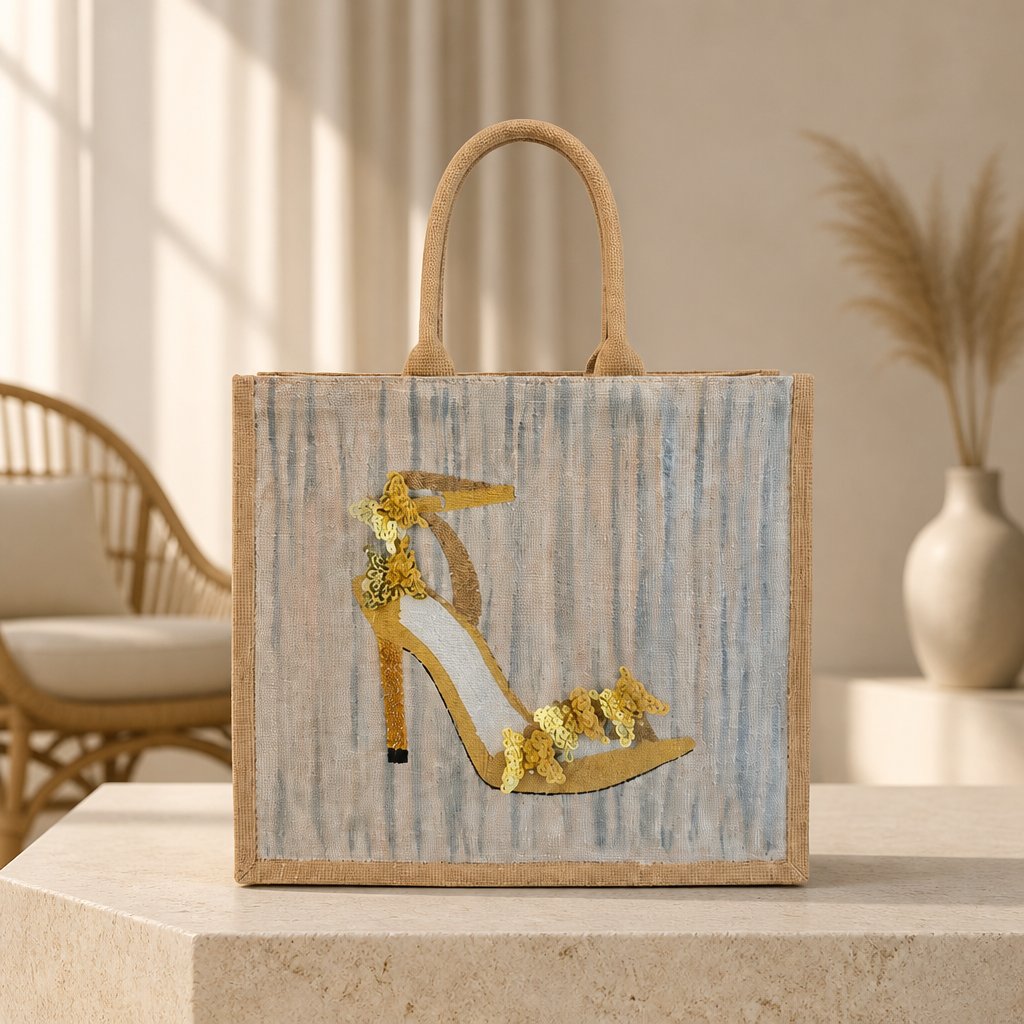 Hand-painted neutral-toned tote bag featuring an elegant gold high-heel sandal embellished with shimmering floral sequins on a soft gray and beige textured background. Stylish wearable art handbag with structured jute handles and sophisticated fashion-inspired design.