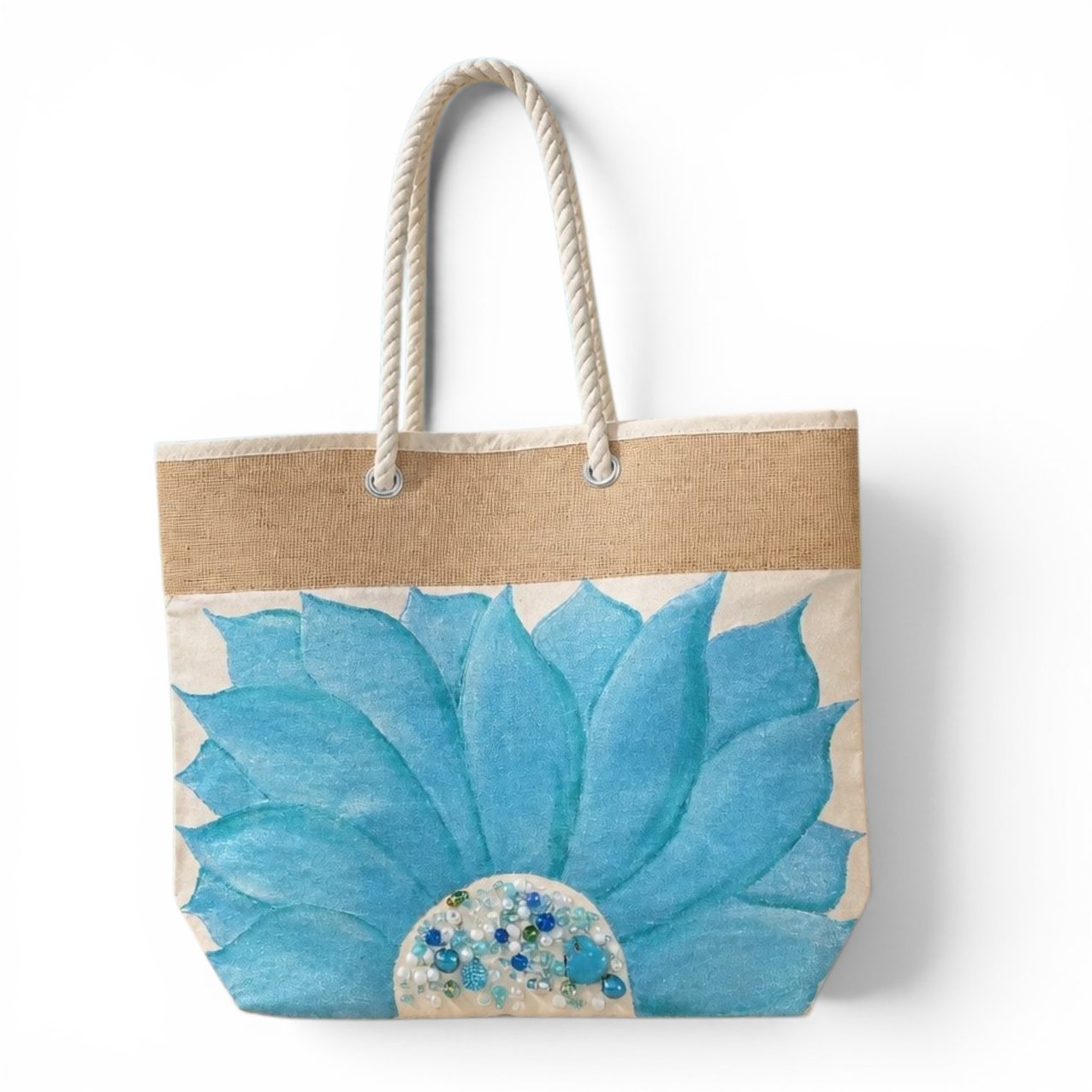 Hand-Painted Turquoise Sunflower Rope Handle Tote Bag
