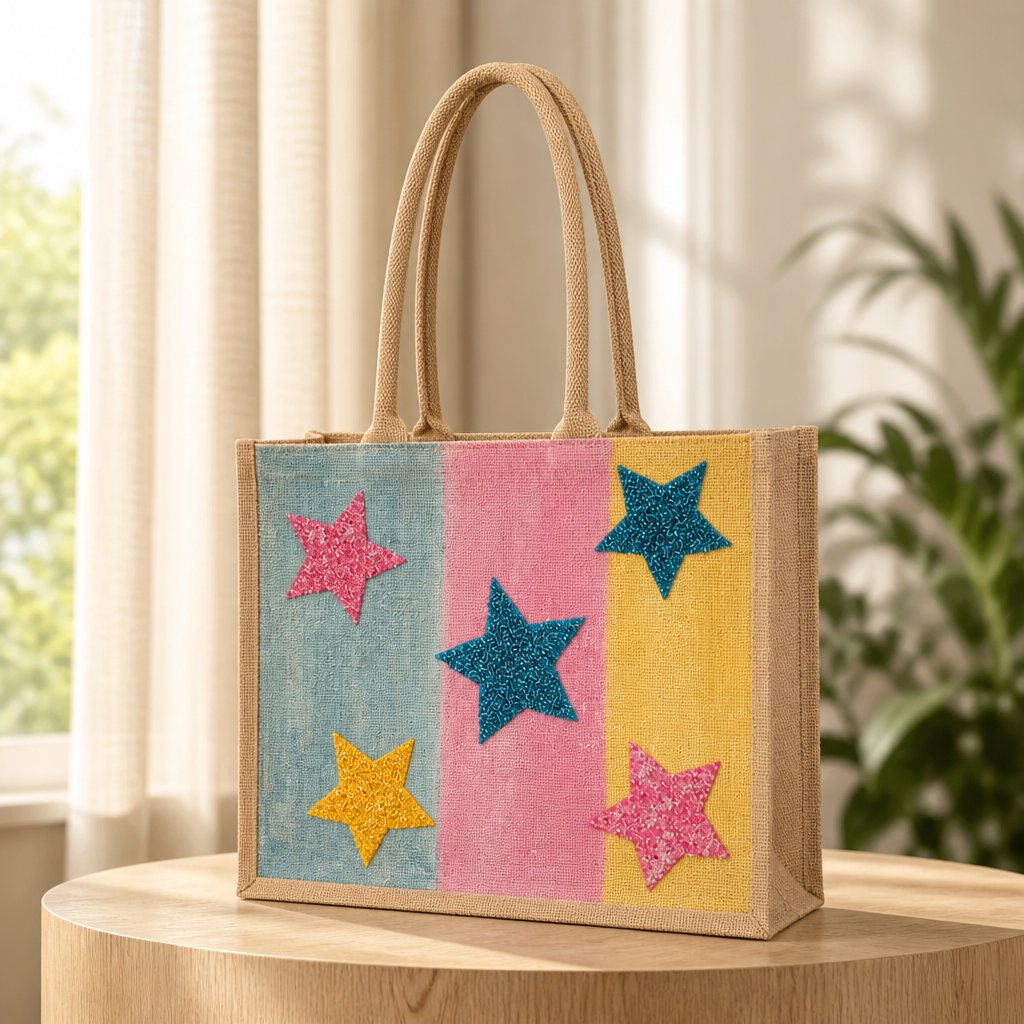 Colorful hand-painted jute tote bag featuring pastel blue, pink, and yellow panels accented with glittery star designs in teal, pink, and gold. The structured tote has natural woven handles and a bright, playful aesthetic inspired by fun artisan fashion accessories.